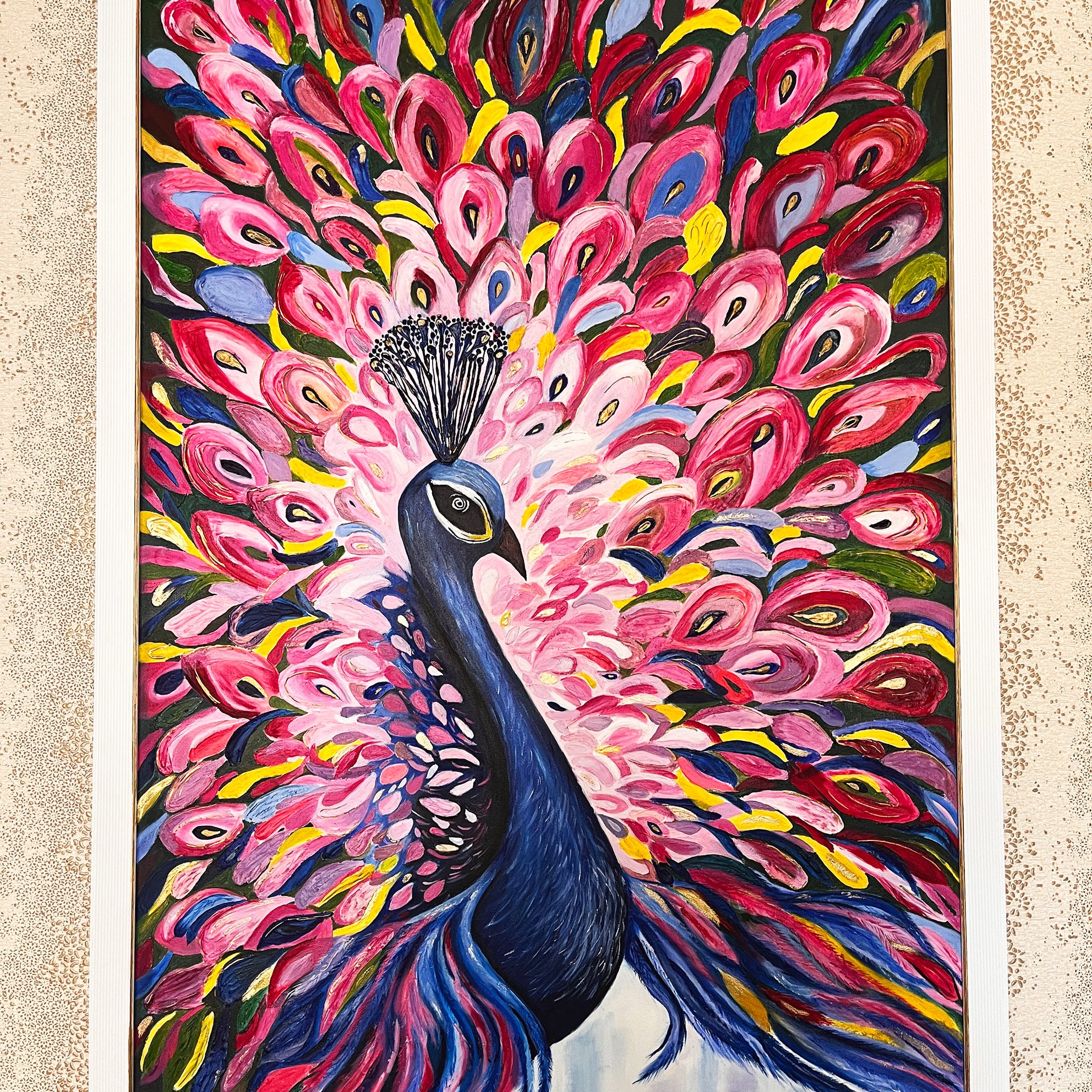 تابلوی نقاشی مدرن و برجسته طاووس در سایز 127 در 87 سانتی متر با قاب سفید