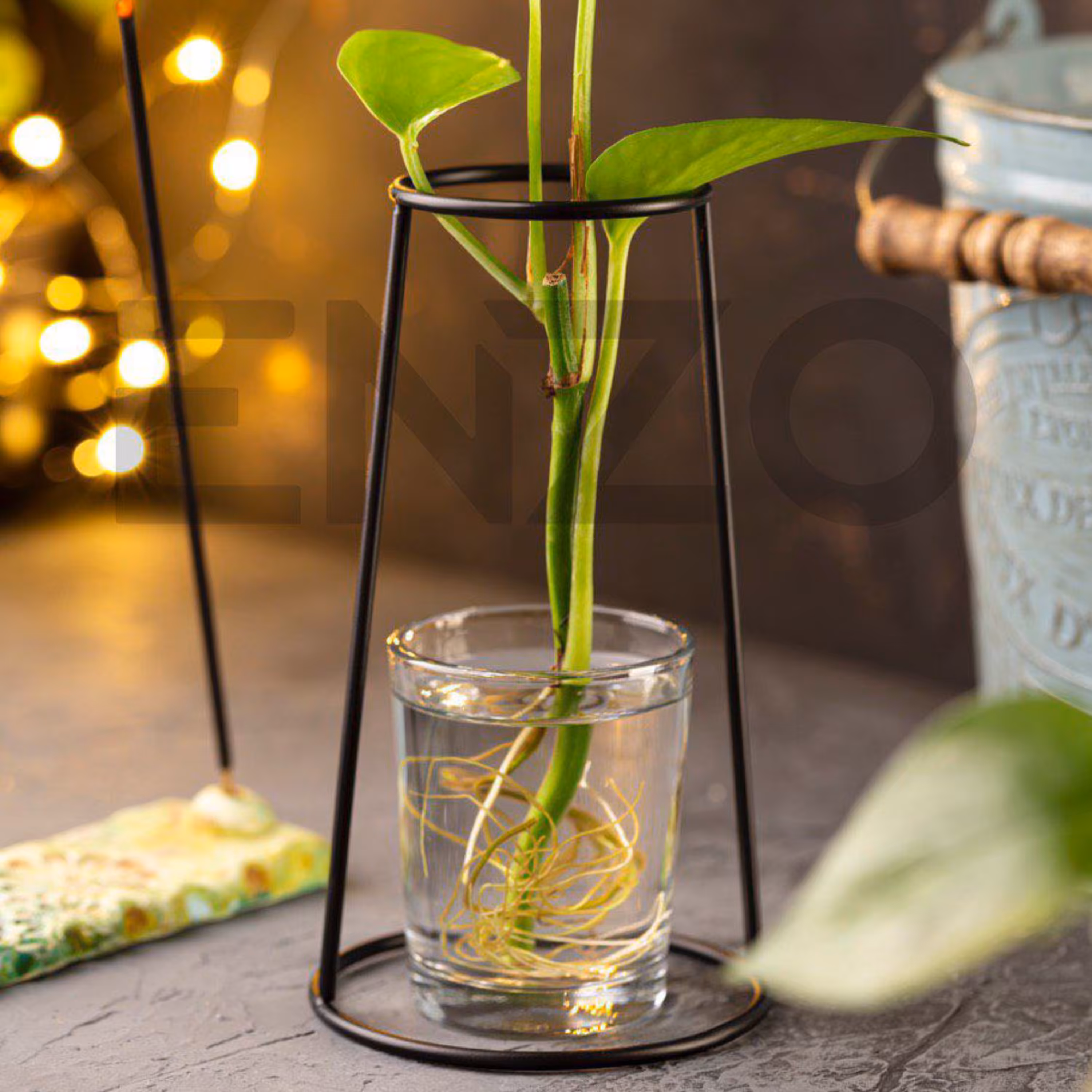 گلدان فلزی گرد دارای پایه فلزی مشکی و‌ ظرف شیشه ای