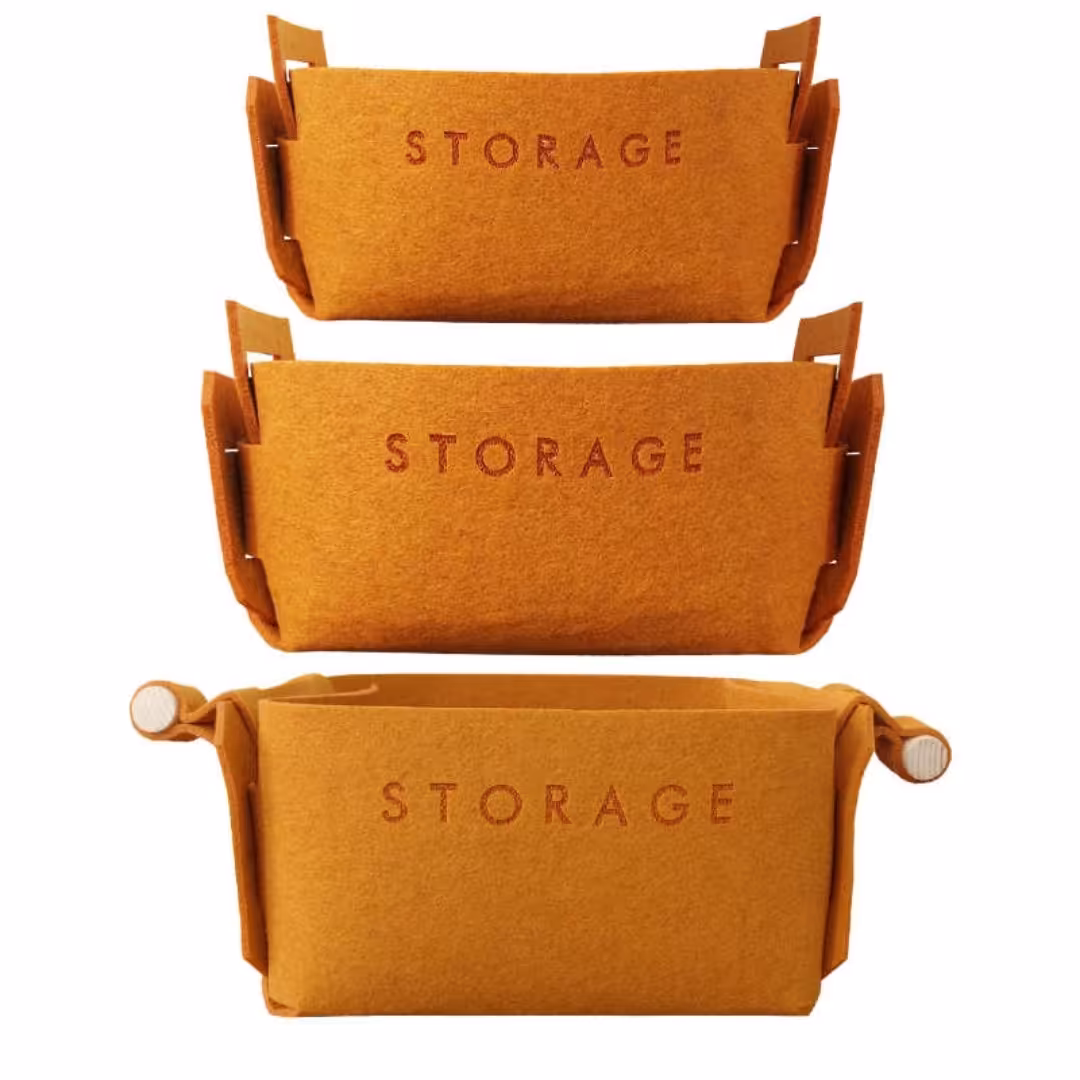  مجموعه سه عددی باکس نظم دهنده مدل  نمدی رنگ خردلی ‌در سه سایز متفاوت مناسب برای نظم دهی وسایل ریز منزل ( ارگانایزر )