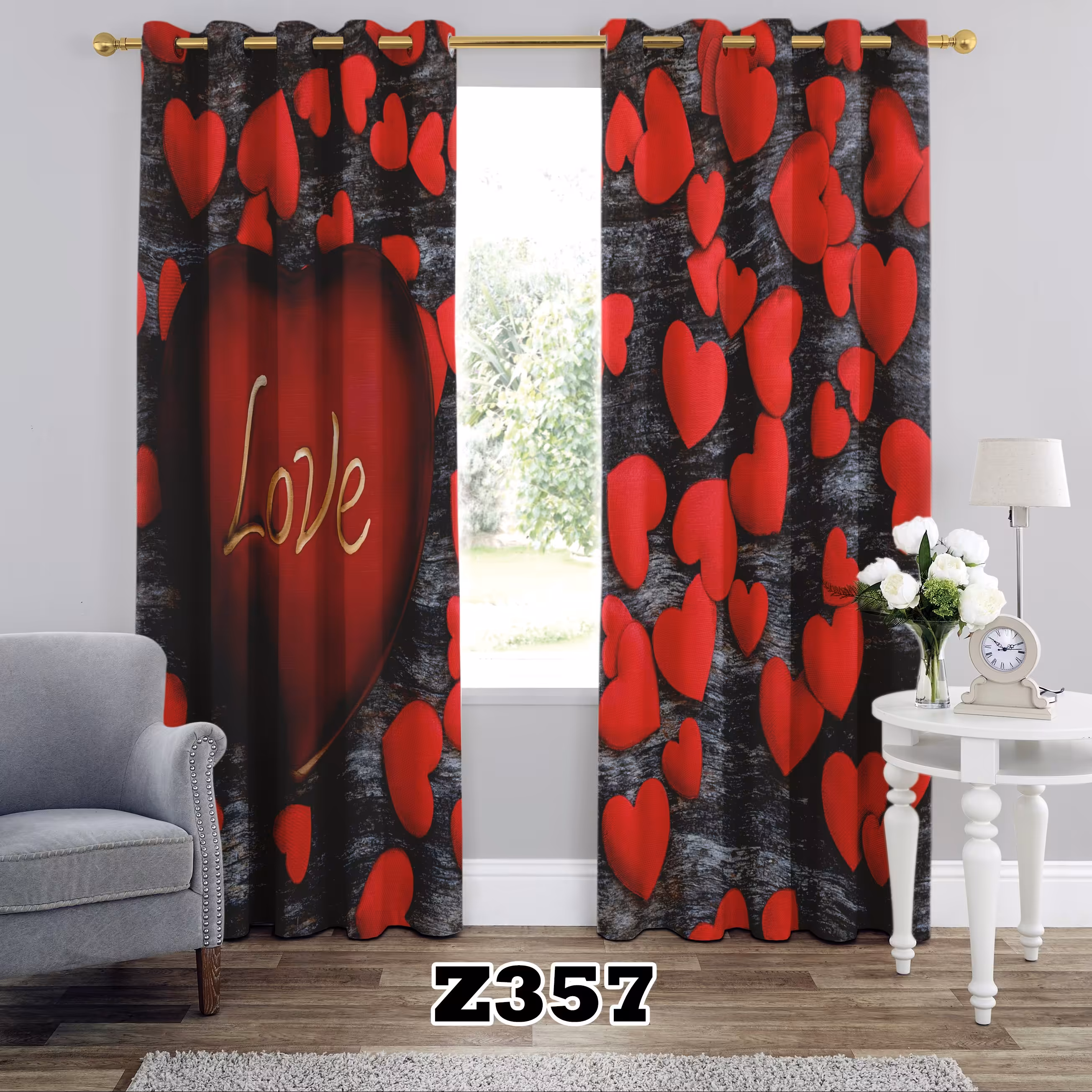 پرده چاپی طرح قلب (LOVE) کدZ357 تک قواره اتفاع 300 عرض 140 سانت