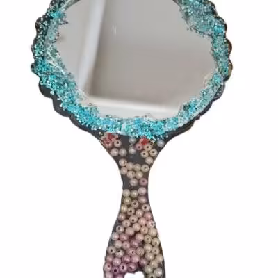 آینه دستی رزینی دستساز مرواریدی اکلیلی