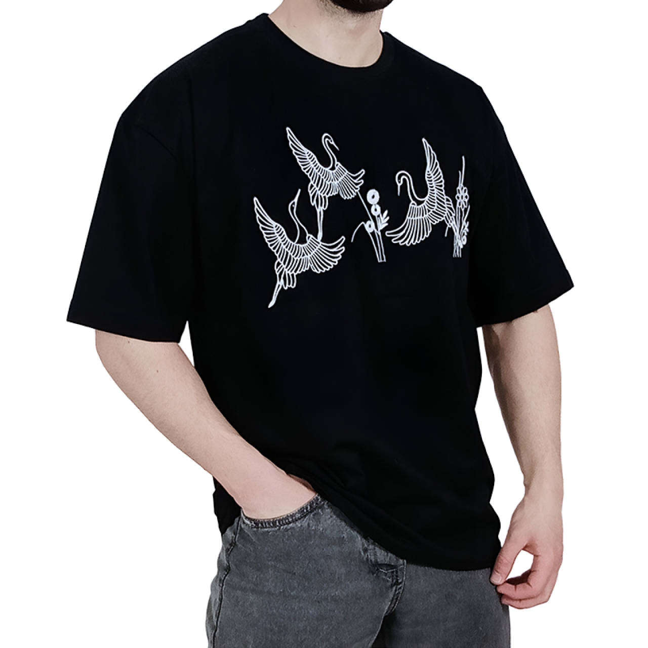 تیشرت آستین کوتاه مردانه مشکی طرح مرغابی