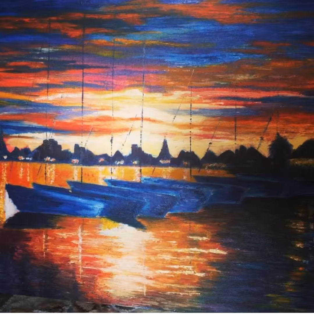 تابلوی  نقاشی  غروب دریا تکنیک اکرولیک    روی مقوا   50 در 70 