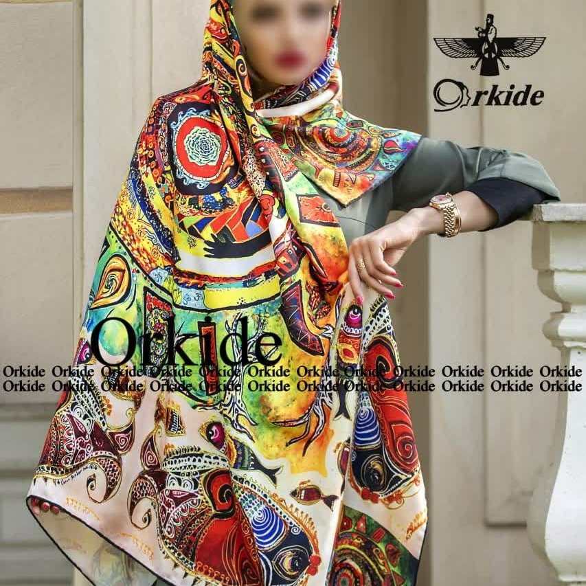 روسری نخ ابریشم گارزا ارکیده طرح حوض ماهی قواره بزرگ نرم و لطیف باکیفیت