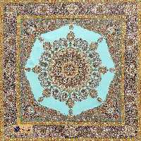 رومیزی ترمه طرح اوین رنگ زمینه سبز ابی زیبا و بی نظیر 8 رنگ تراکم 200 ترمه سنتی یزد طرحی بی نظیر و زیبا پسند