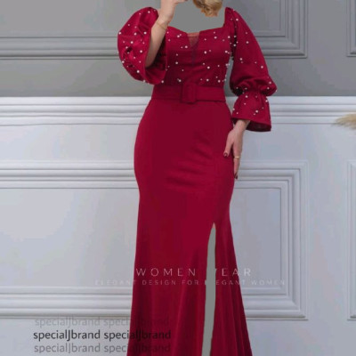 پیراهن مهمانی زنانه کرپ کش مروارید پانچ شده مدل ماکسی مجلسی صباکمربنددار