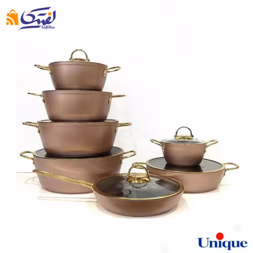 سرویس قابلمه یونیک رزگلد 14 پارچه درب منحنی طلایی UN-8320