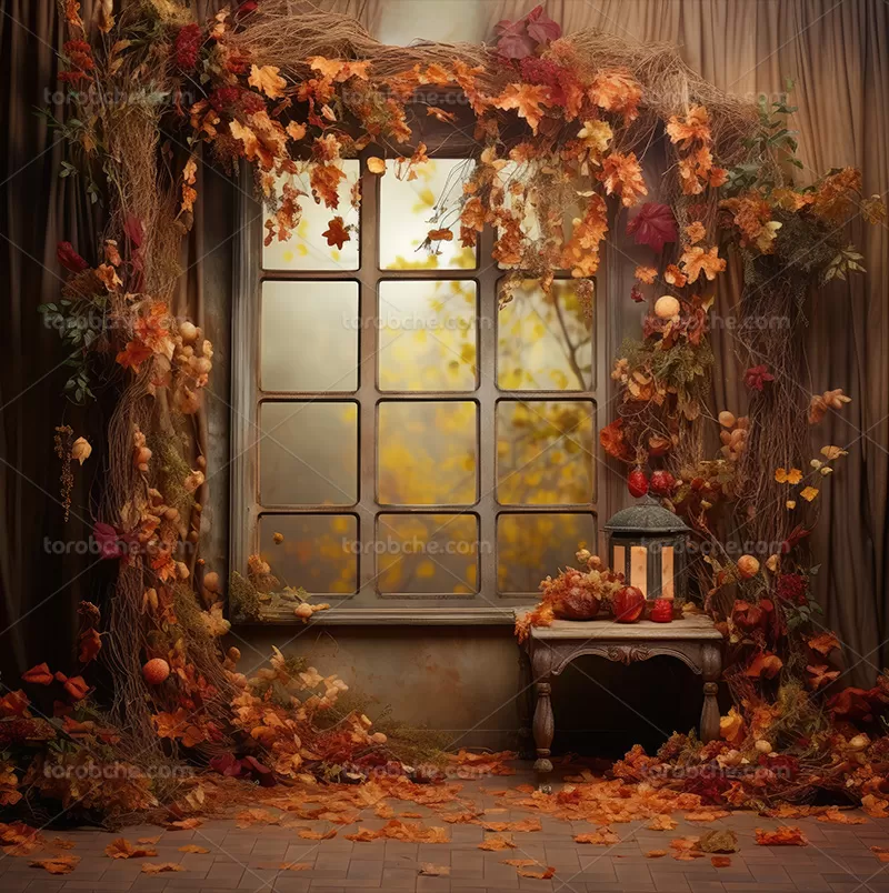 بک دراپ پنجره و برگ های پاییزی | گرافیک با طعم تربچه