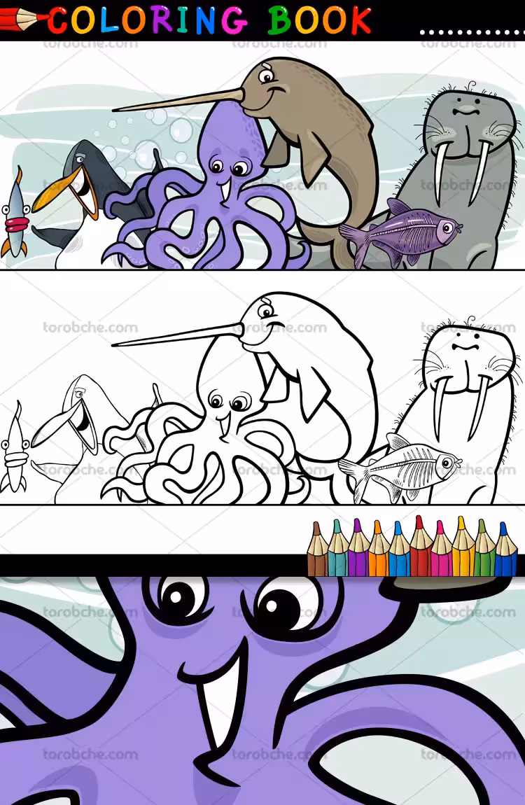 وکتور رنگ آمیزی کودکان حیوانات دریایی | گرافیک با طعم تربچه