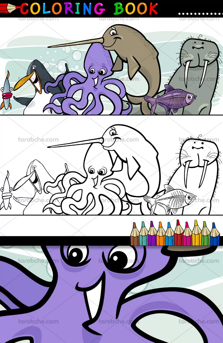 وکتور رنگ آمیزی کودکان حیوانات دریایی | گرافیک با طعم تربچه