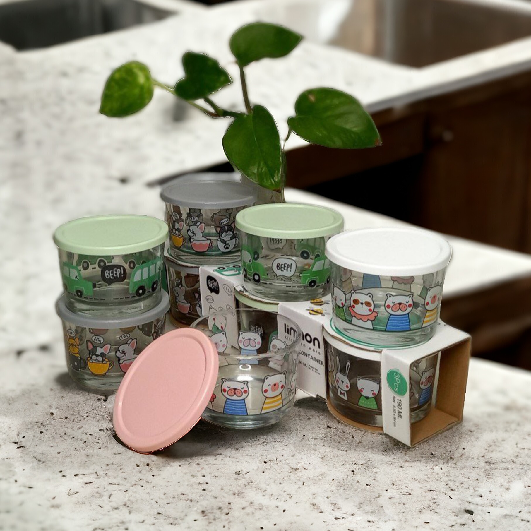 ظرف شیشه ای دربدار 190 میلی لیتری پک3عددی کادویی لیمون 