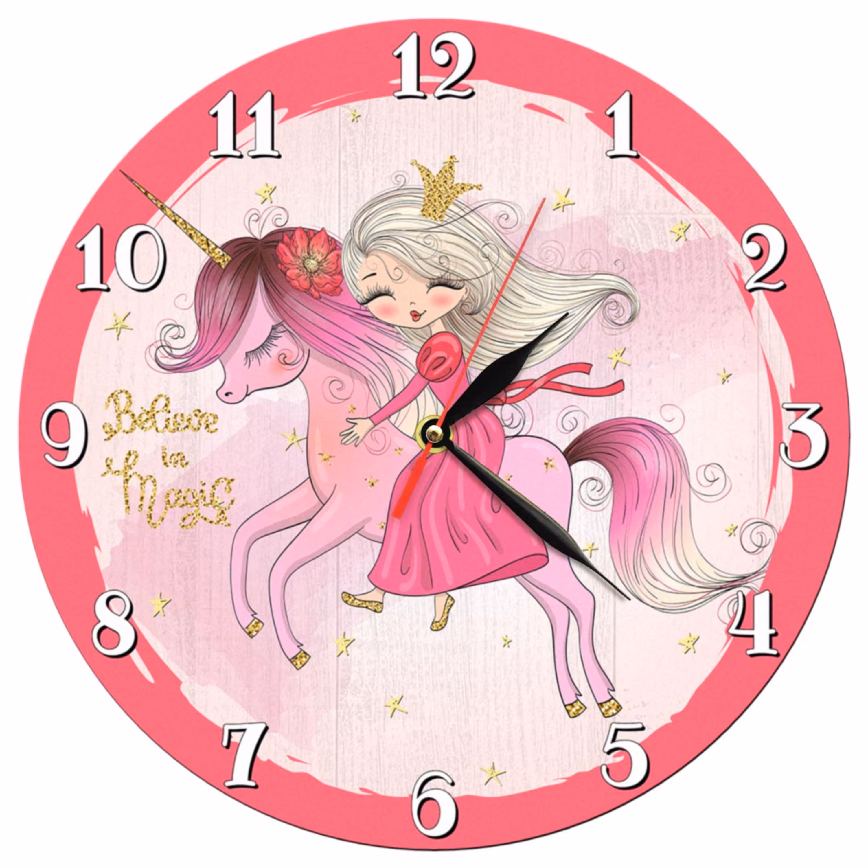 ساعت دیواری کودک مدل 1309P طرح پرنسس و اسب تک شاخ تم صورتی تیره سایز 30 سانتیمتر