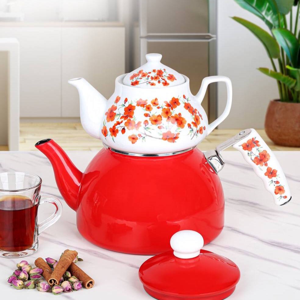 کتری قوری لعابی برند کاراچا دسته چینی قرمز