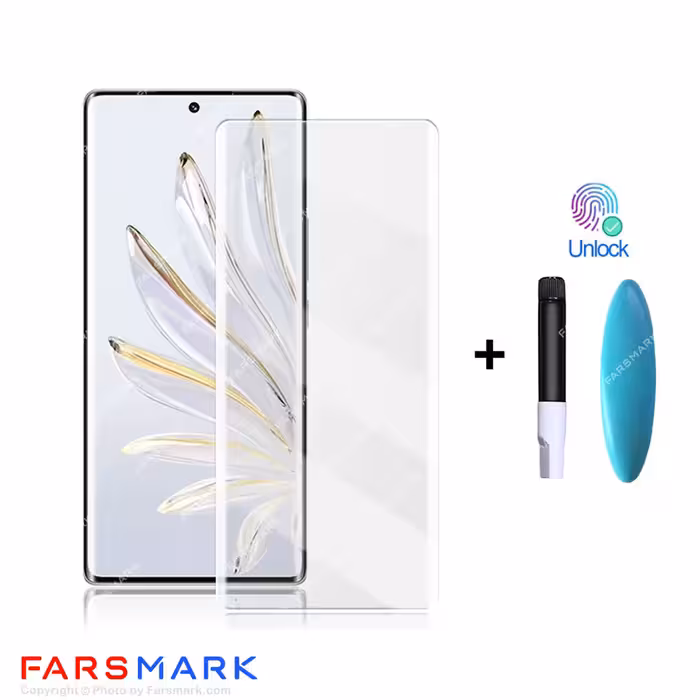 گلس تمام صفحه یووی شفاف Honor 70 با چسپ UV