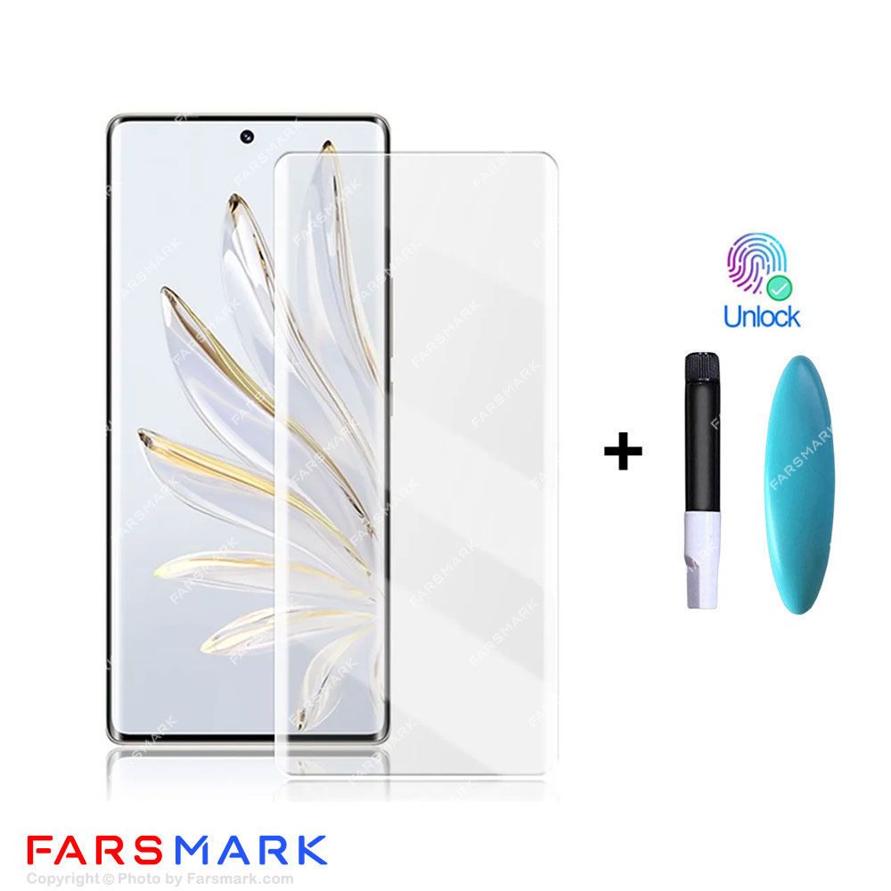 گلس تمام صفحه یووی شفاف Honor 70 با چسپ UV