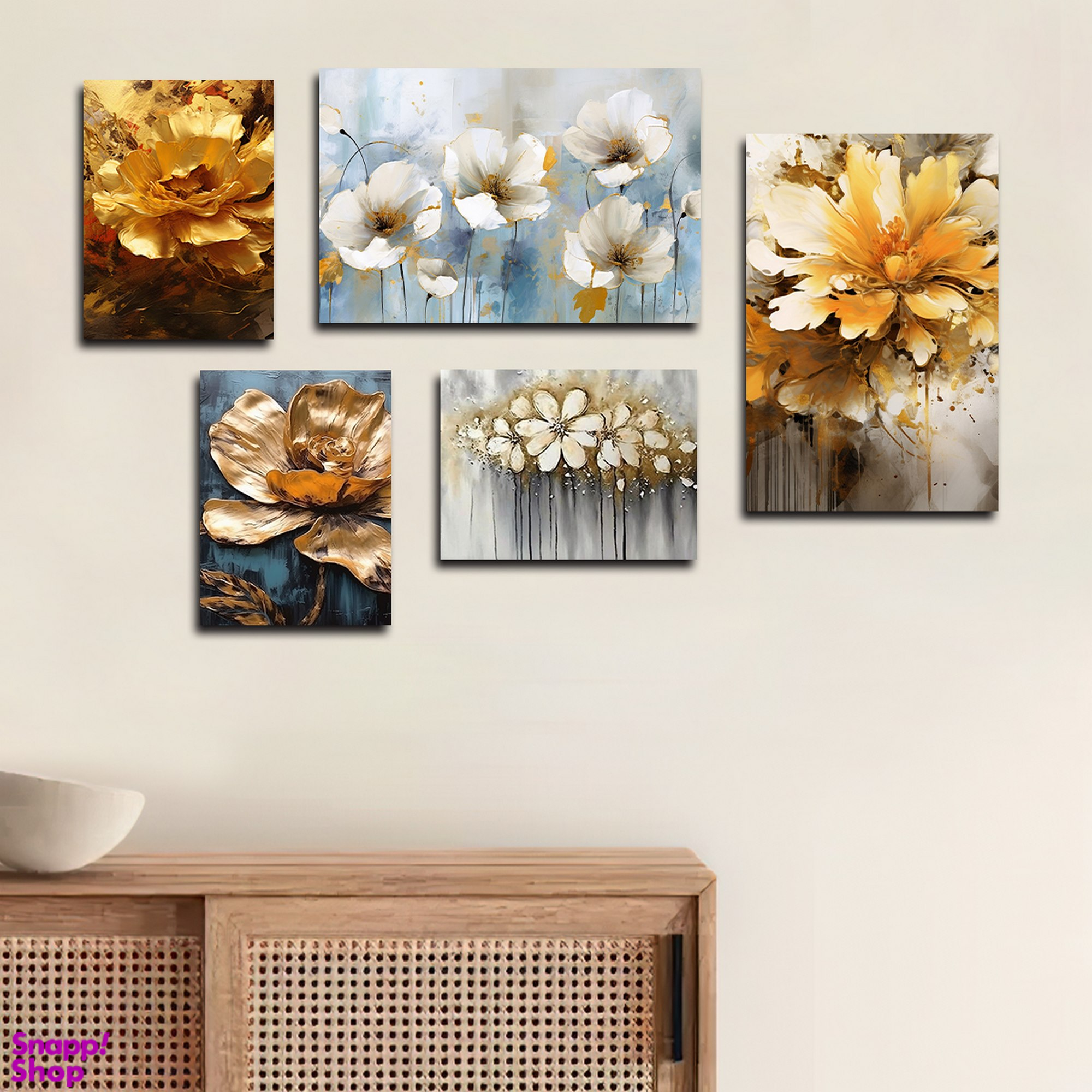 تابلو شاسی بکلیت طرح نقاشی مدرن رنگ روغن گل مدل SH-1616 مجموعه 5 عددی