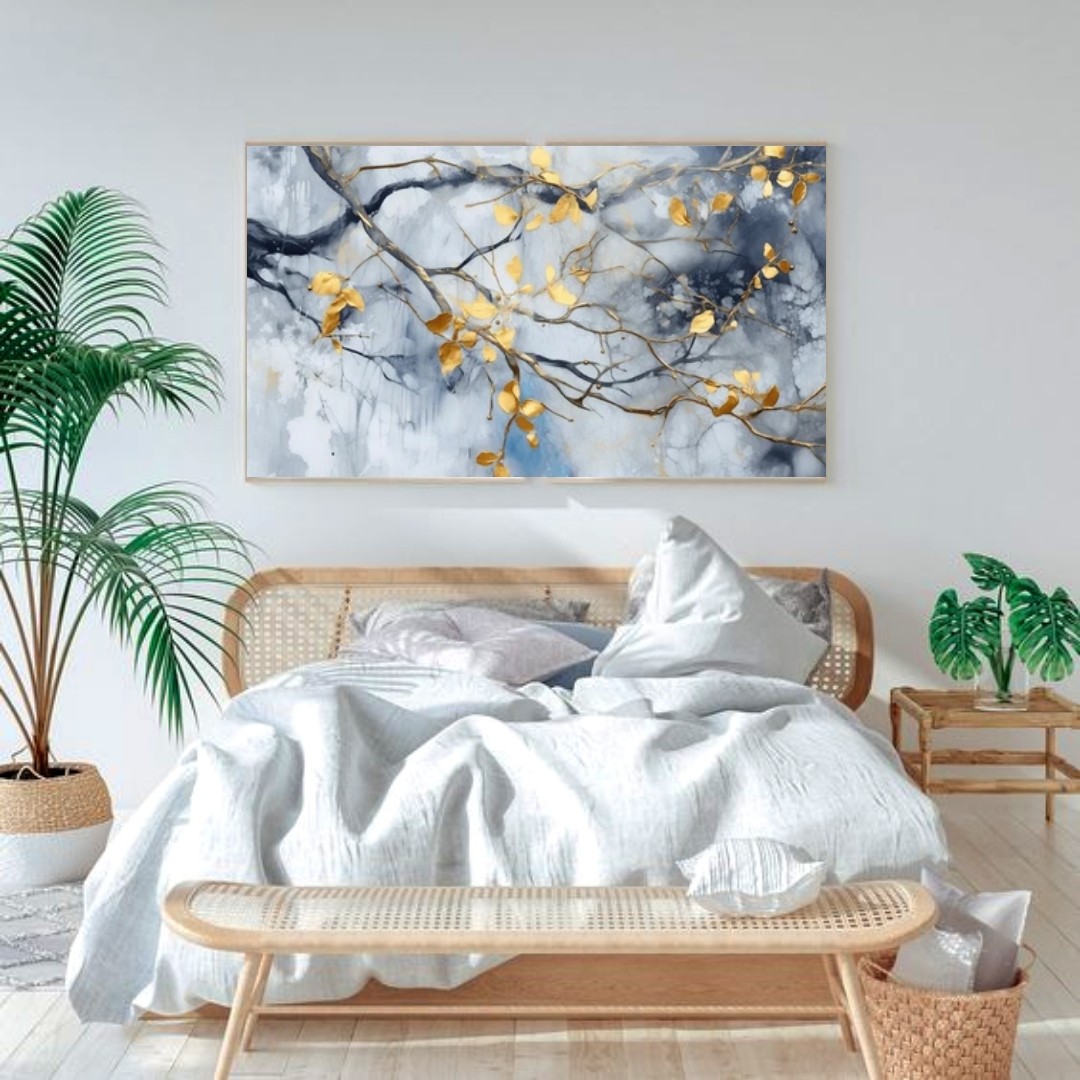 تابلو دکوراتیو طرح نقاشی شاخه درخت وبرگ طلایی یک تکه