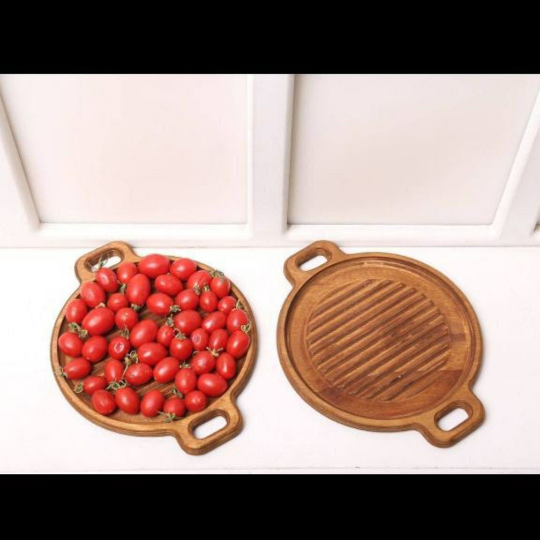 سینی چوبی دسته دار پک دو عددی مدل گریل سایز کوچک بشقاب چوبی تابه سرو چوبی ضد آب باکیفیت پک دو عددی
