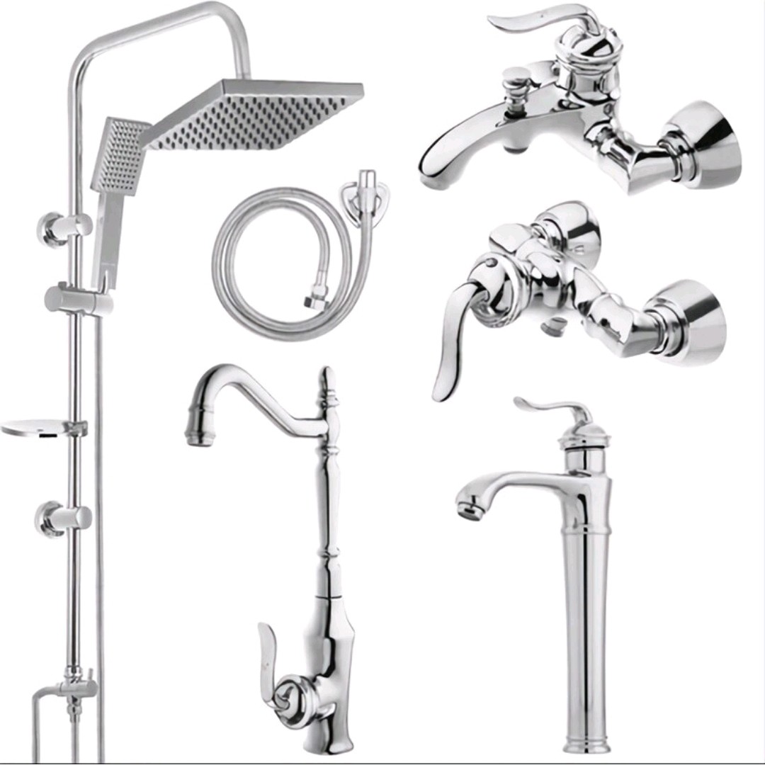 ست شیرالات عیار رنگ کروم بهمراه علم دوش دوکاره و روشویی پایه بلند و شلنگ جنس درجه 1 و استاندارد و نشان ایزو 9001