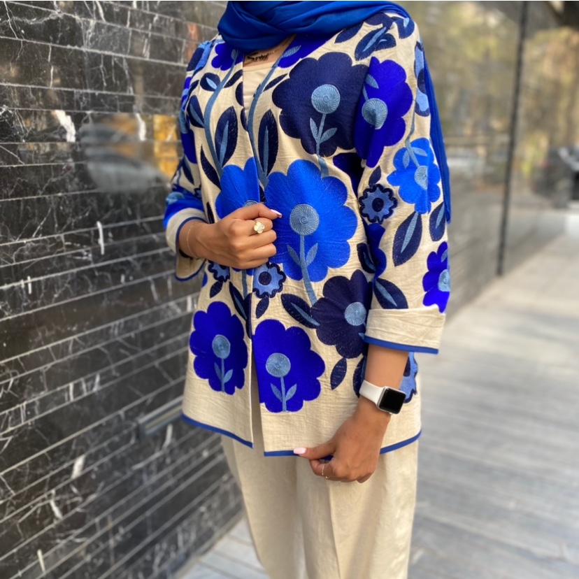مانتو کتی لینن سوزندوزی آبی 