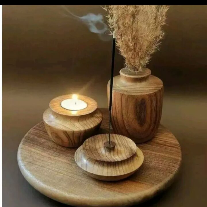 ست جاشمعی و گلدان و جا عودی چوبی رنگ قهوه ای چوب روس