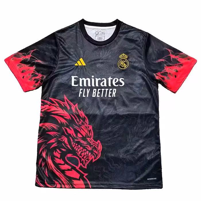 لباس تک کانسپت مشکی دراگون قرمز رئال مادرید 2025 با لوگوی دوختی تایلندی