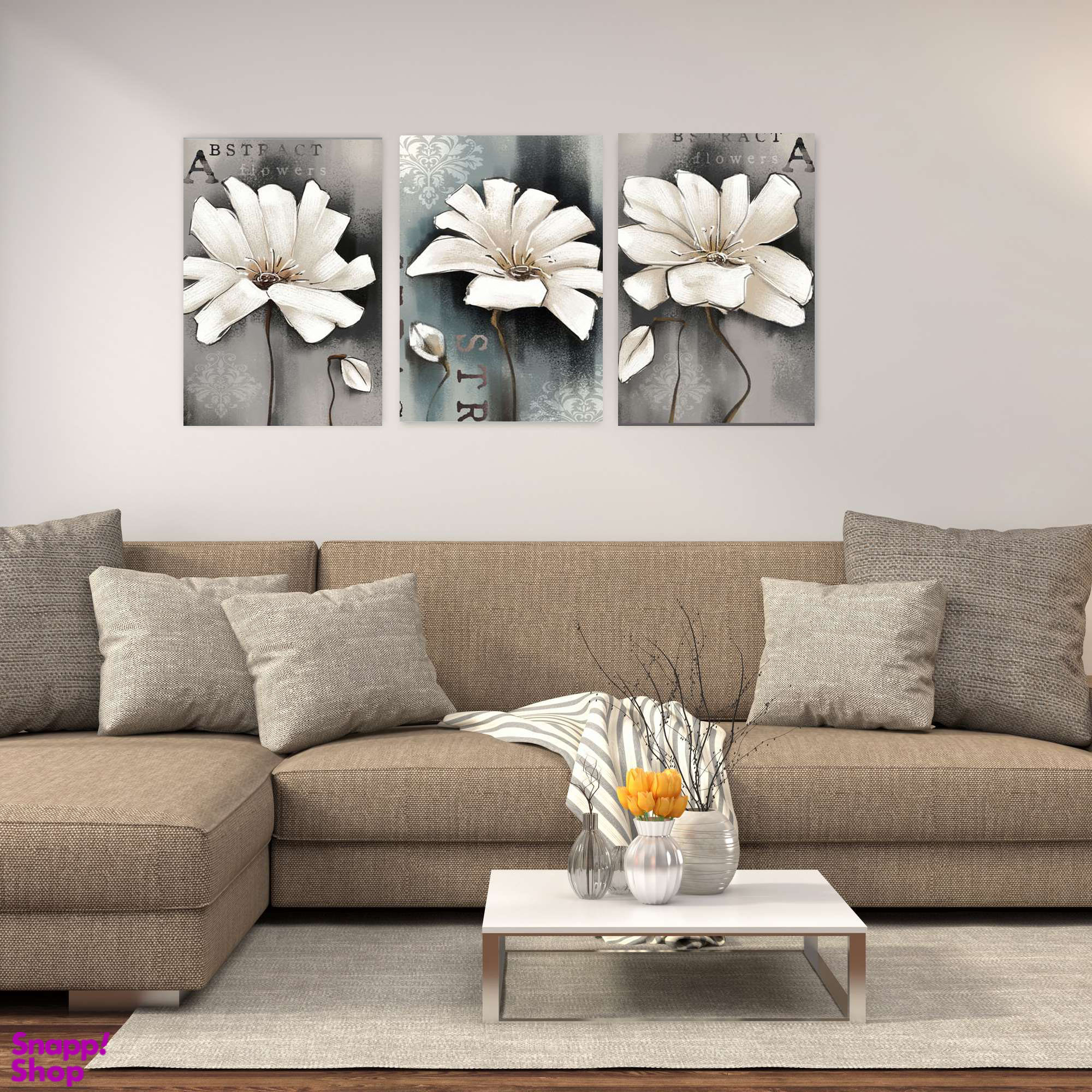 تابلو شاسی بکلیت طرح نقاشی مدرن گل سفید مدل SH-1891 مجموعه 3 عددی