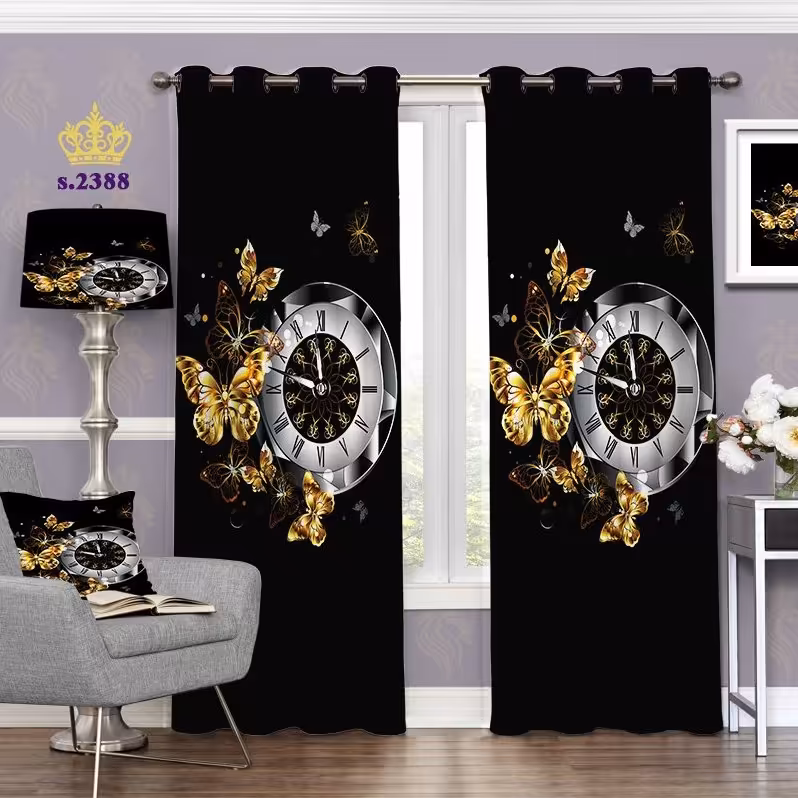 پرده پذیرایی دو قواره طرح پروانه و ساعت کد S2388