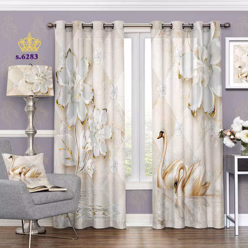 پرده جدید پذیرایی پانچ دو قواره آماده طرح گل و قو کد 6283