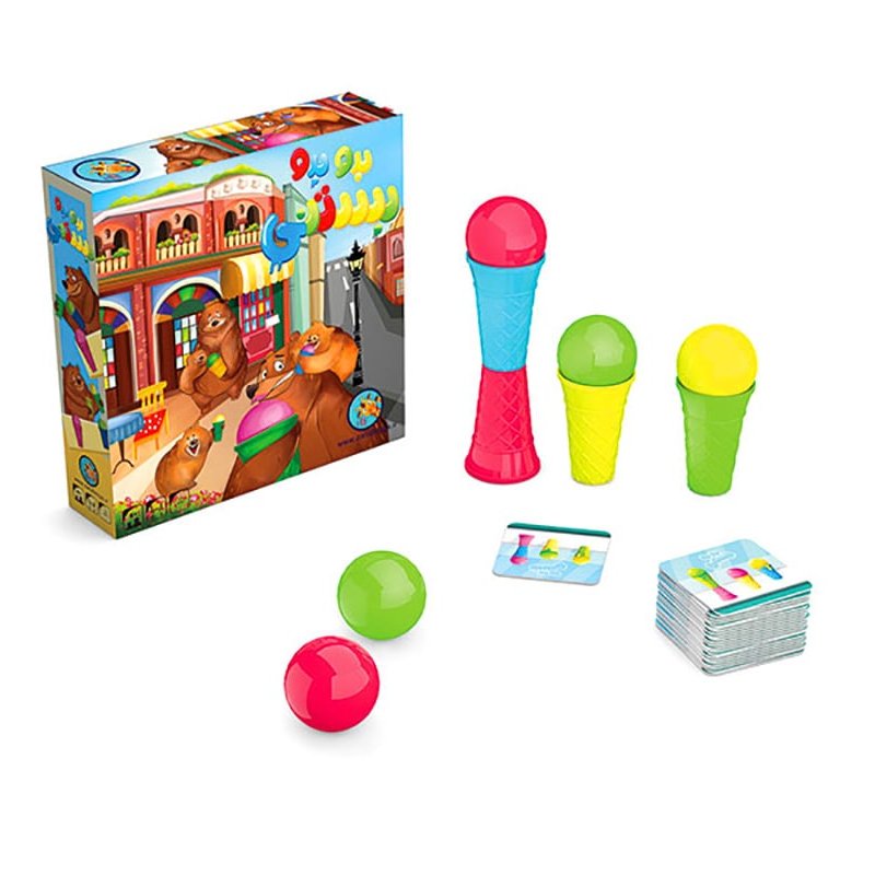 بازی بدو بدو بستنی، 4 نفره، +6سال، دارای تعدادی بستنی قیفی، کارت های بازی، جعبه بازی، راهنمای بازی، 