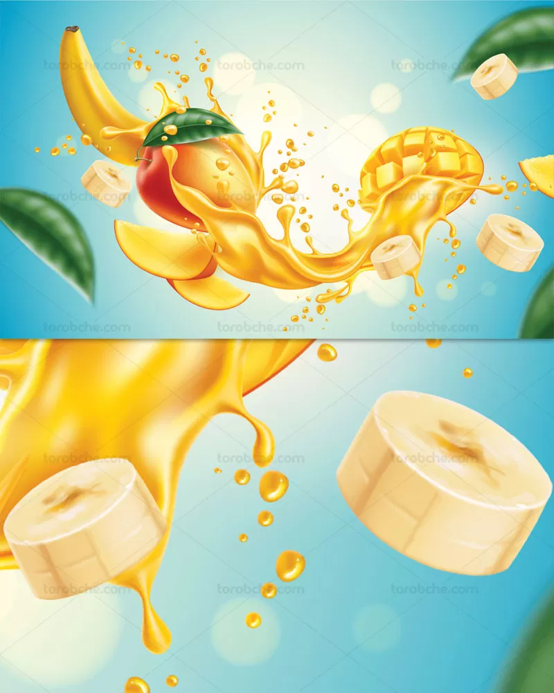 وکتور اسپلش آبمیوه های موز و انبه | گرافیک با طعم تربچه