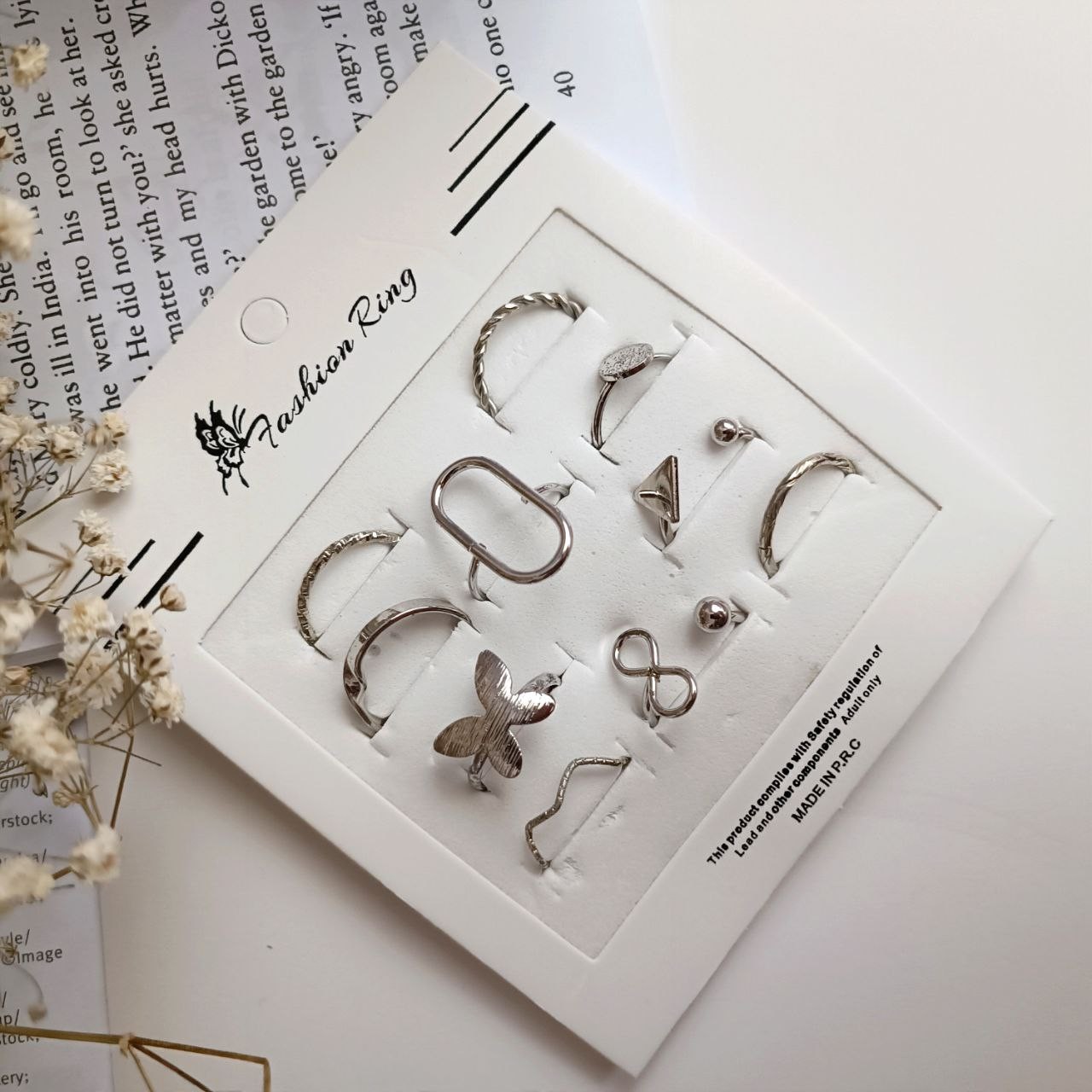 پک انگشتر ده تایی مثلث ، رنگ سیلور، آبکاری رادیوم، ضد حساسیت و مراقبتی، فری سایز