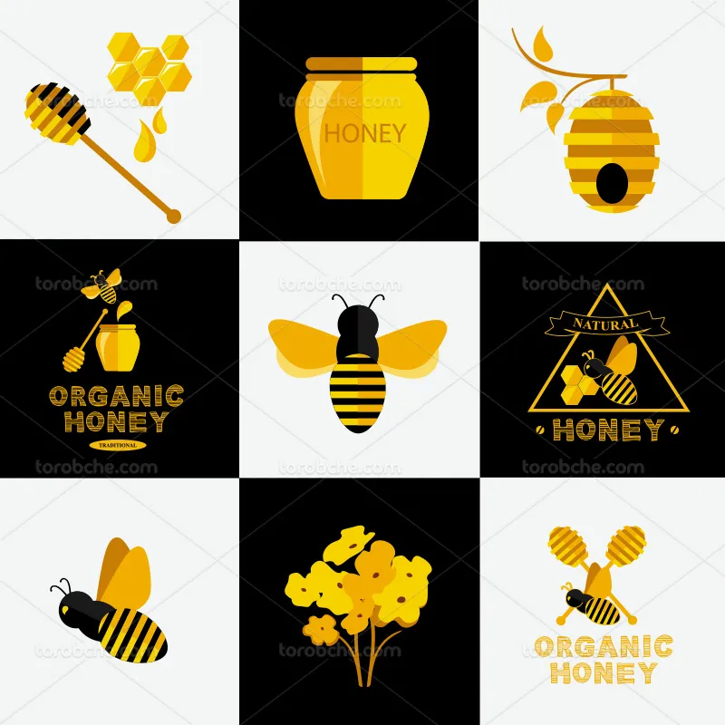 وکتور لوگوی زنبور عسل با زمینه مشکی سفید | گرافیک با طعم تربچه