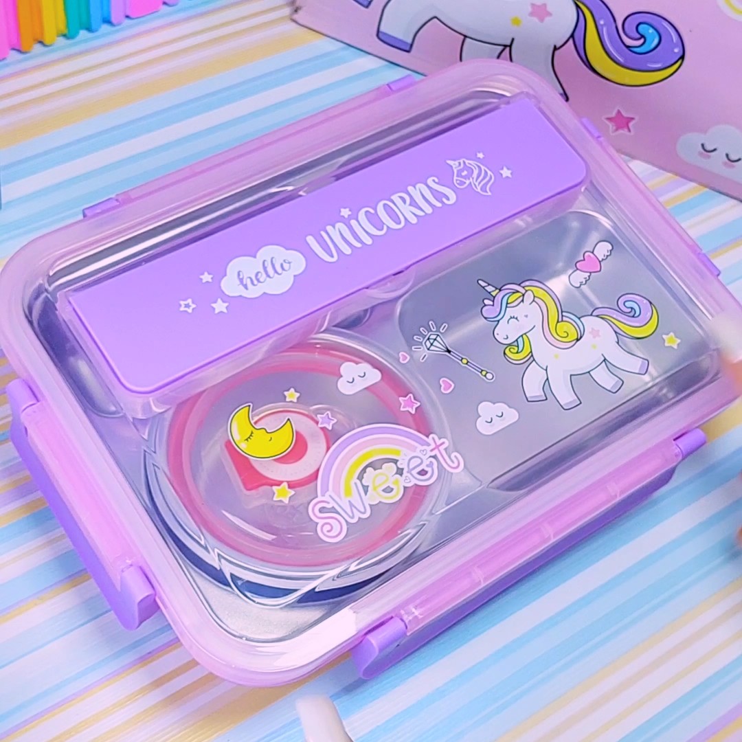 ظرف غذای یونیکورن داخل استیل دارای کاسه درب واشر دار مجزا و قاشق چنگال استیل