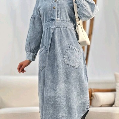 پیراهن مهمانی زنانه جین مدل پیراهن جین اصل شسته شده و سنگشور شده ابروبادی سه دکمه