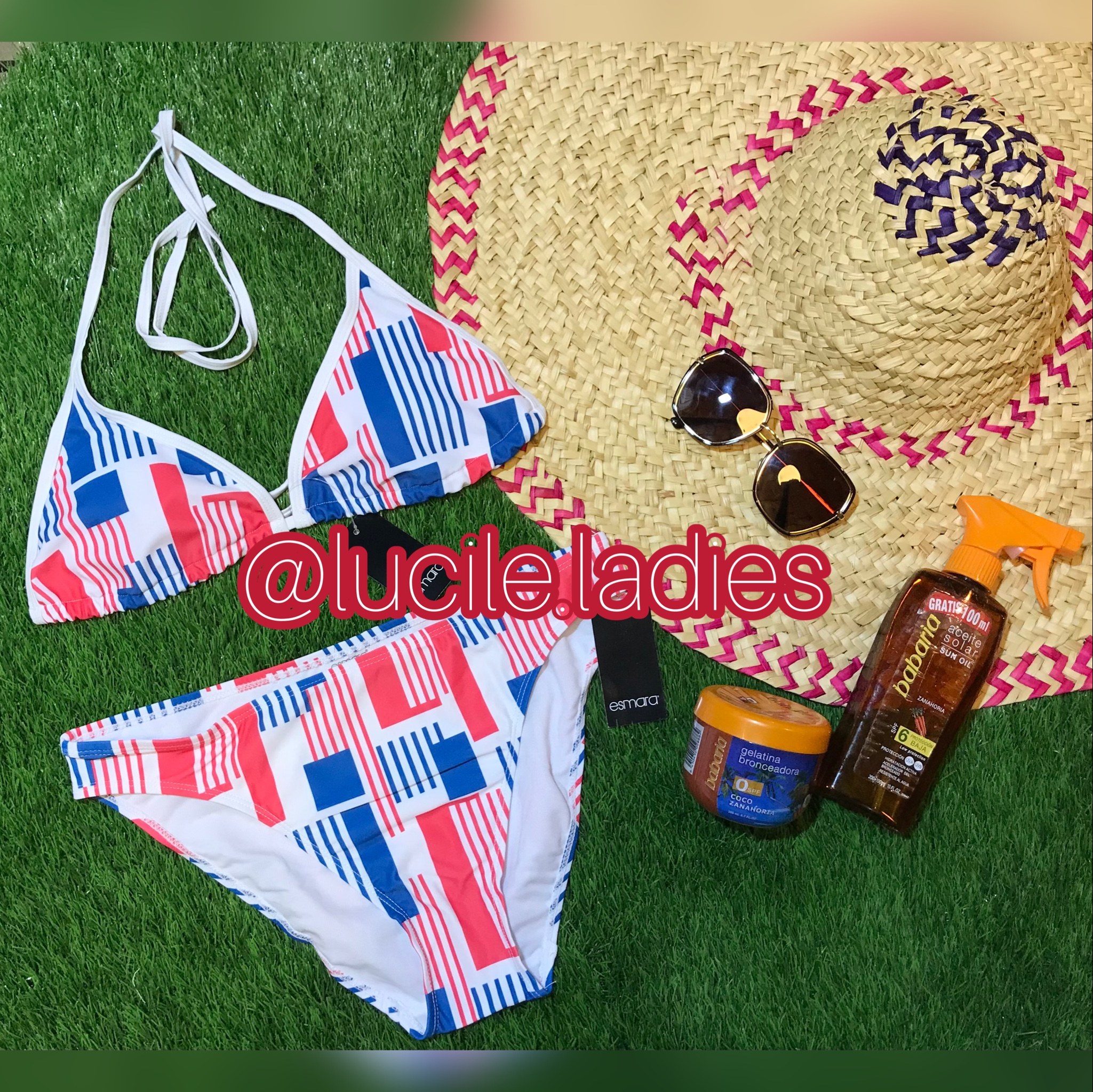 مایو بیکینی ست گره ای وارداتی طرحدار قرمز آبی موجود برای 34 تا 38