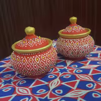 ست دوتایی قندان سفالی هنرکده سدنا رنگ قرمز  نقطه کوبی هنر دست  کد 2