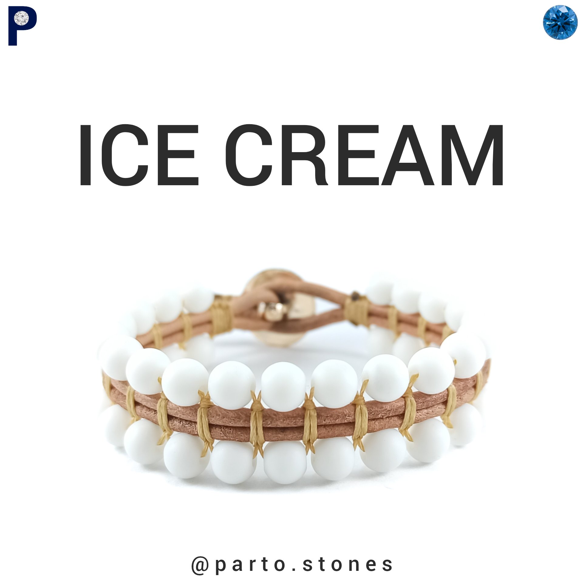 دستبند بستنی با سنگ اونیکس سفید و چرم طبیعی