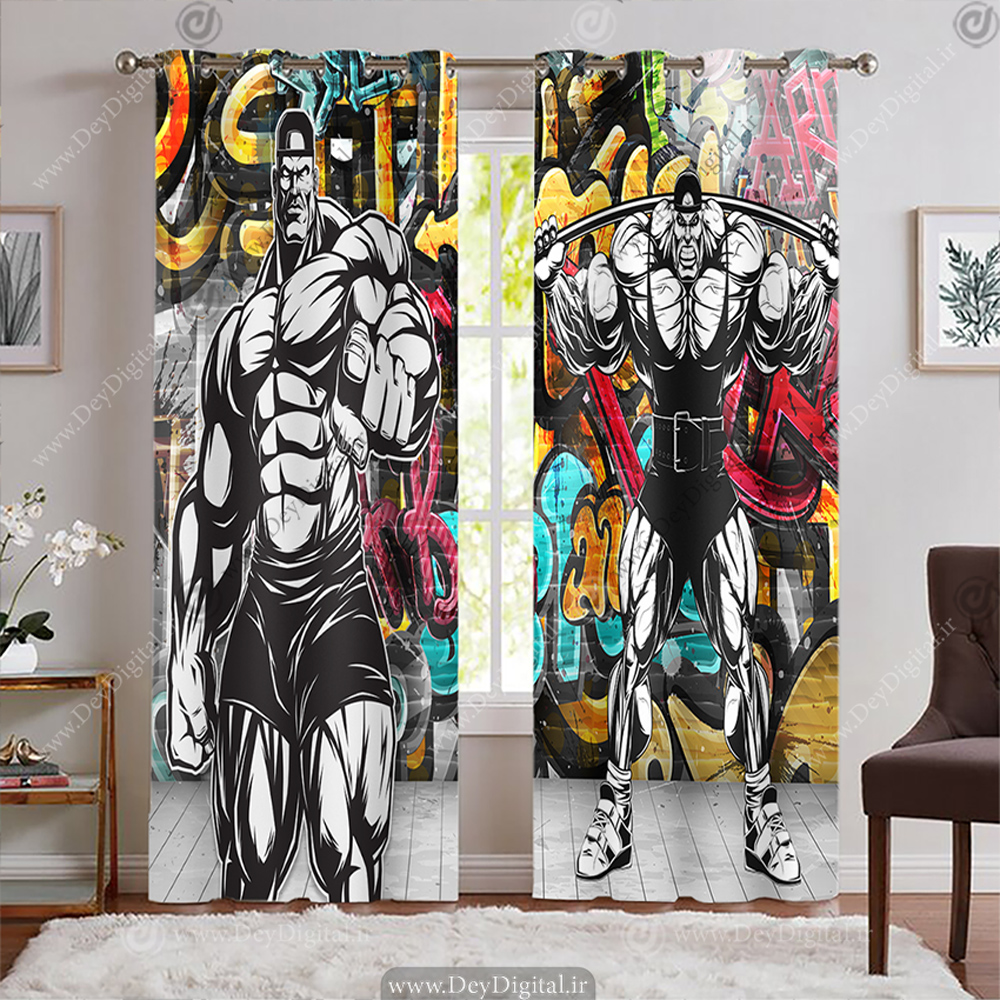 پرده پانچی باشگاه بدنسازی با زمینه گرافیتی BA-7605-s