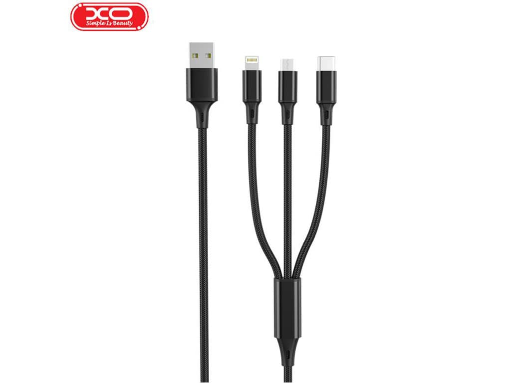 کابل سه سر یواس‌بی به لایتنینگ، تایپ‌سی و میکرو 1٫2 متری ایکس‌او XO 3 in1 USB Cable 2,4A NB173 (مشکی)