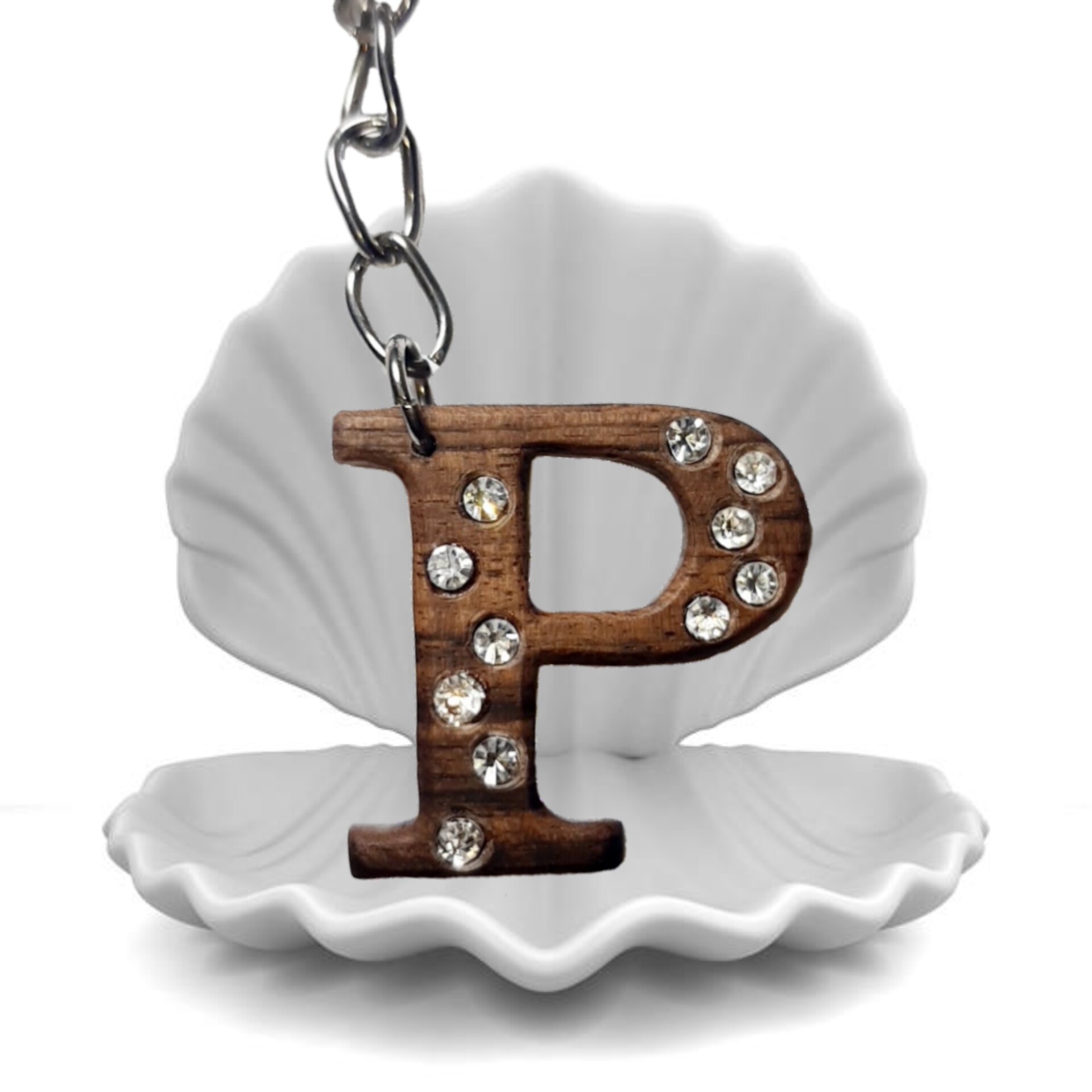 جاسوییچی نگین دار خاص چوب گردو(کاملادستساز)طرح حرف(P)حروف انگلیسی