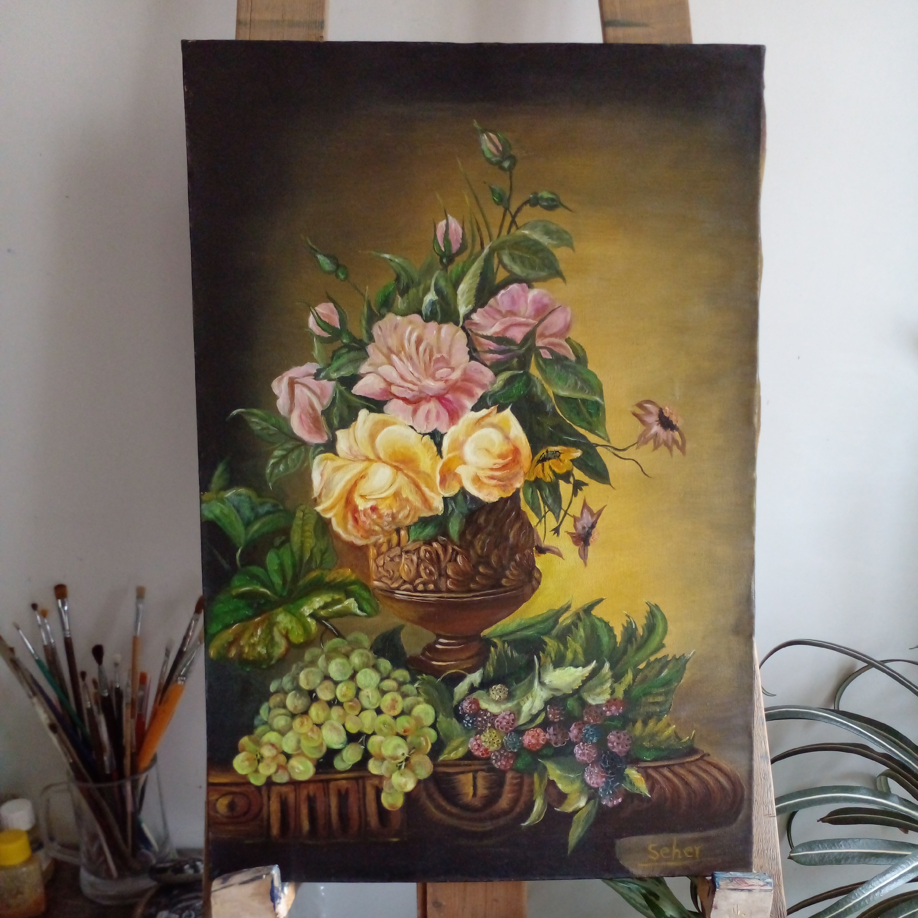 تابلو نقاشی رنگ روغن روی بوم  با قاب پی وی طبیعت بیجان  بدون قاب طول 60 س و عرض 40 س  به درخواست مشتری قاب هم زده میشود