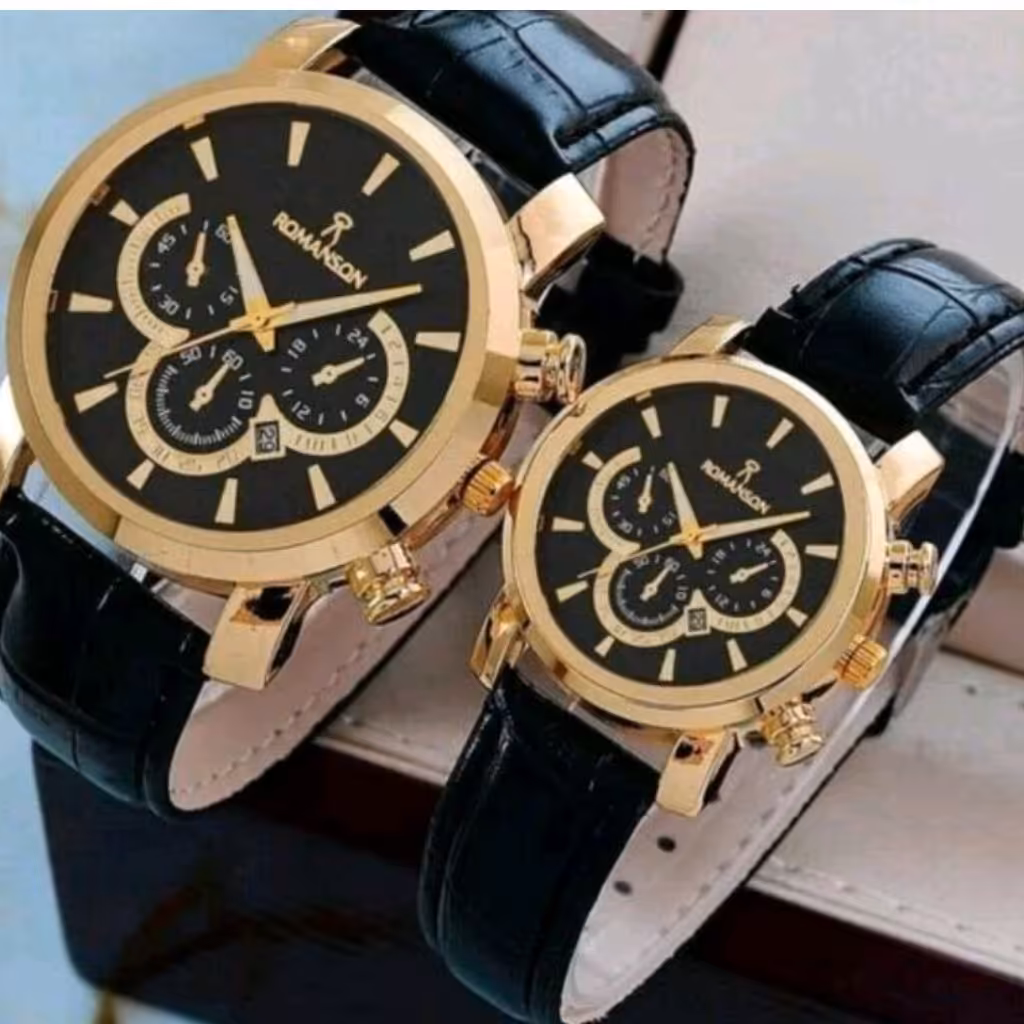 ست ساعت رومانسون بندچرمی مشکی صفحه مشکی