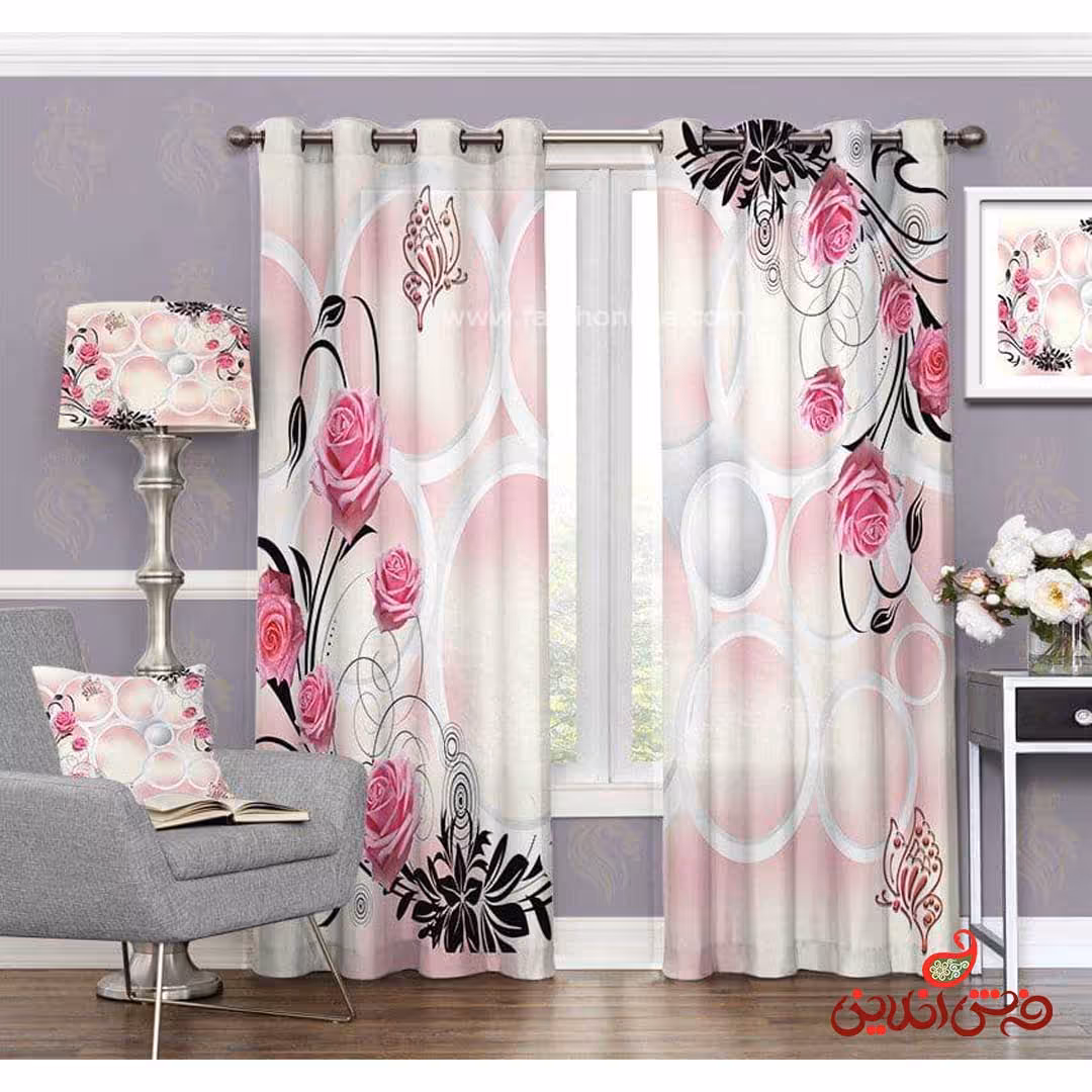 پرده طرح حلقه و گل صورتی کد 3472