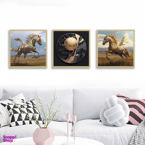 تابلو بکلیت طرح نقاشی اسب طلاکوب مدرن مدل BE-1238 مجموعه 3 عددی