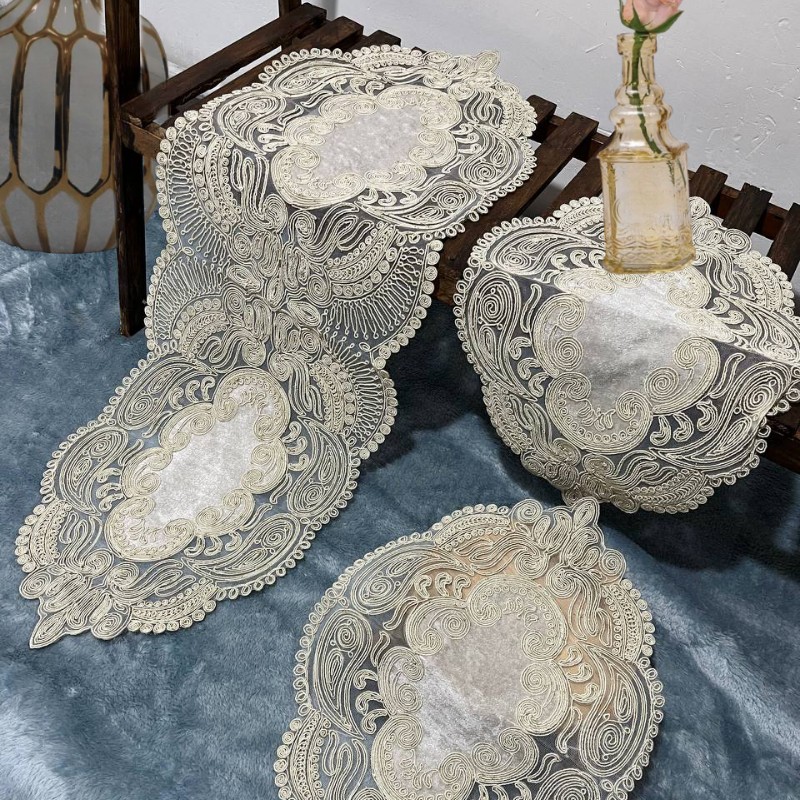 ست 3 تیکه عسلی و رانر مخمل وارداتی ترک عسلی مخمل رانرورومیزی عسلی کتان عسلی جذاب رانر قیطان دوزی رانر دانتل دکوری