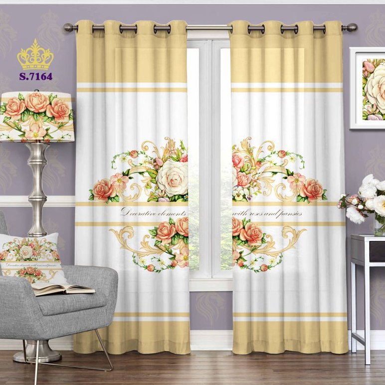 پرده پذیرایی دو قواره پانچ گلدار طرح سبد گل با حاشیه رنگی کد S7164
