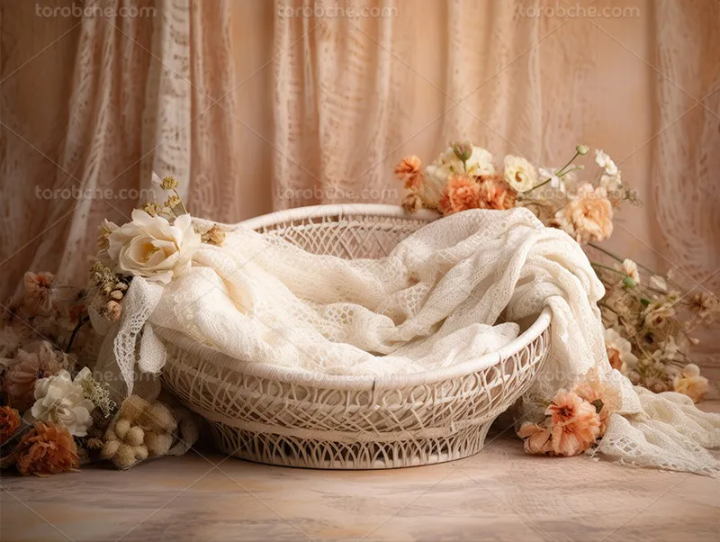 بک دراپ عکاسی کودک و نوزاد با گل نارنجی و سفید | گرافیک با طعم تربچه