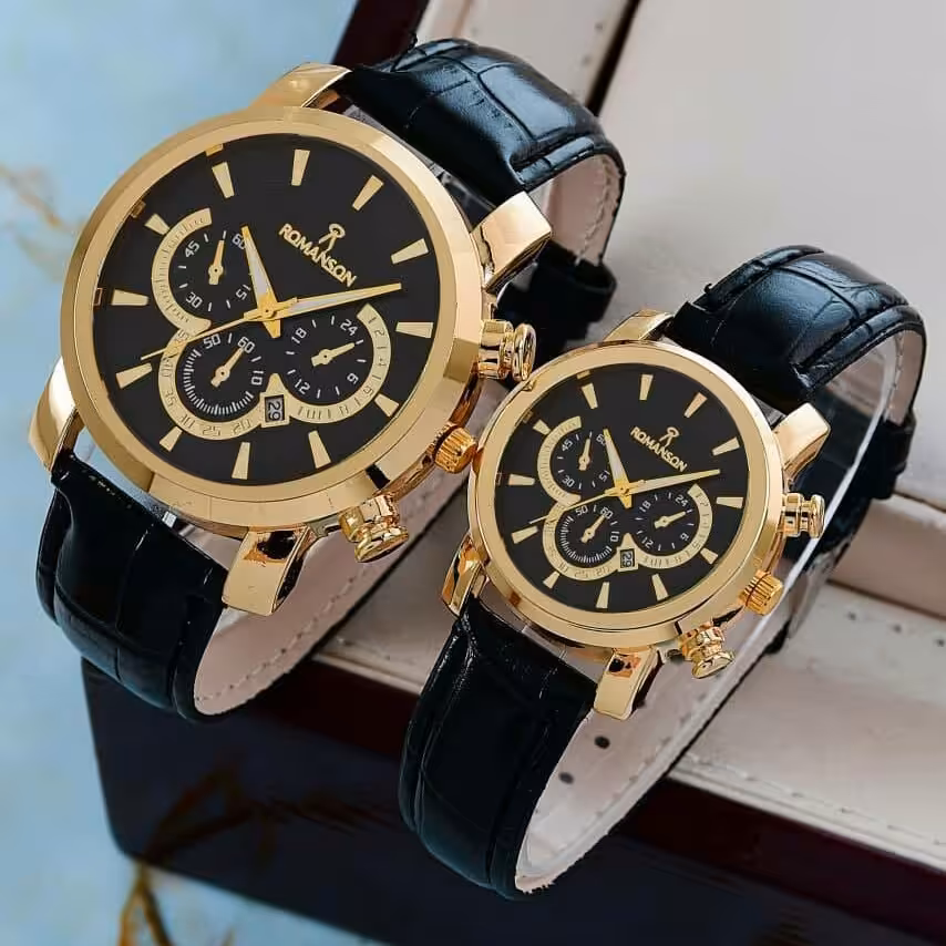 ست ساعت مچی عقربه ای مردانه و زنانه طرح سه موتور رومانسون بند چرمی Coco
