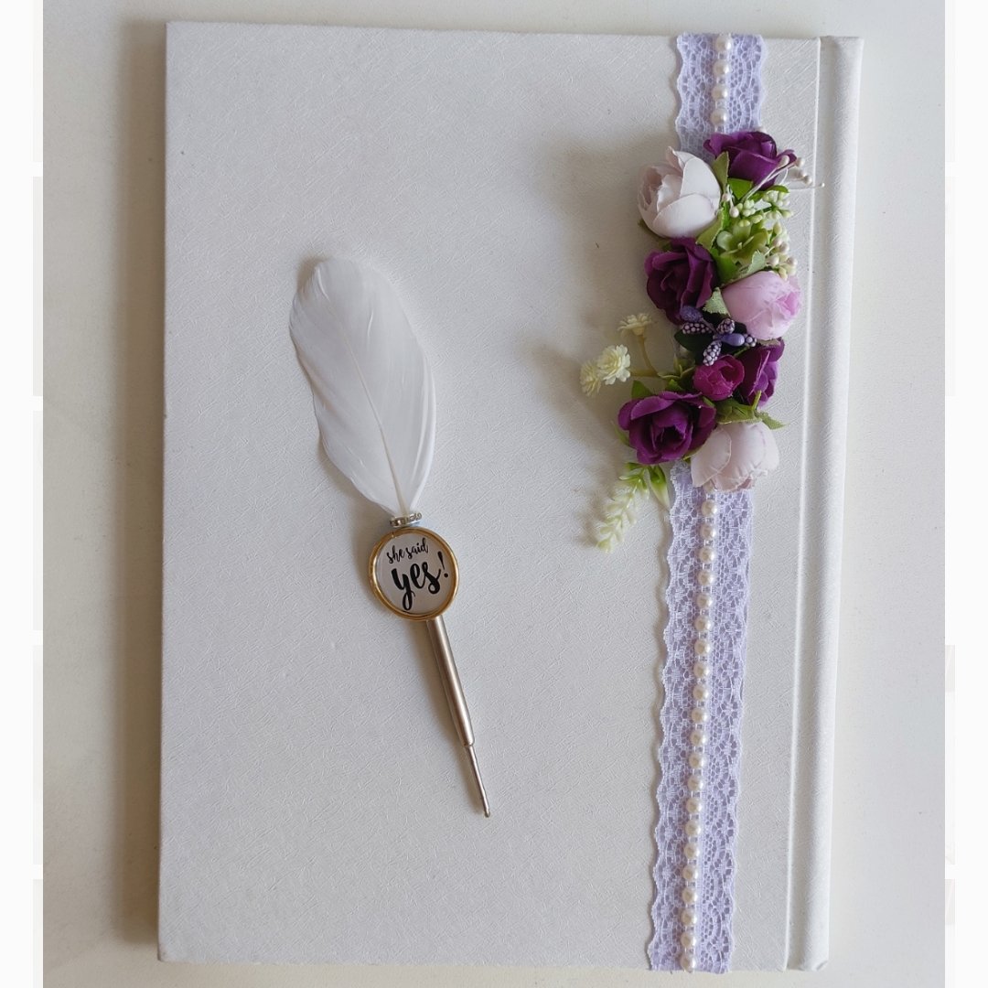 دفتر بله برون با گلهای یاسی و بنفش مناسب عقد و بله برون